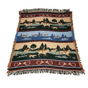 Vintage Horse Equine Woven Blanket Horses with Dogs Scene Woven Throw